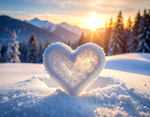 Freshly fallen snow is sculpted into a delicate, luminous heart shape on a serene winter morning.