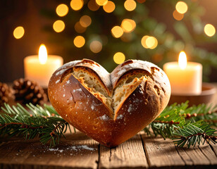 A close-up of a rustic, heart-shaped bread loaf, freshly baked and warm, symbolizing homely love and nourishment.