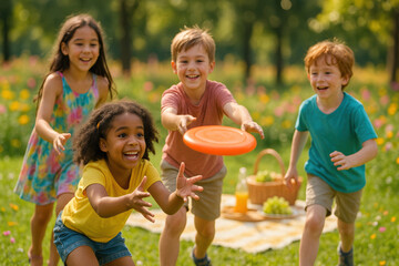 Joyful Kids Playing Frisbee in Sunny Park Summer Fun and Friendship