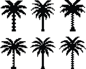 Pixel-style palm tree vector set - 6 tropical silhouettes, EPS JPEG PNG