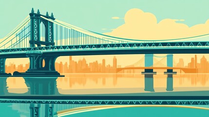 Cityscape view of a suspension bridge over water