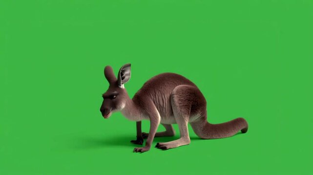 3D Kangaroo sitting and eating on the Green Screen side view Rendering Animation, Macropods or Macropus eating on chroma key, Kangaroos are marsupials from the family Macropodidae