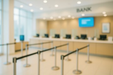 Blurred bank lobby with counter and stanchions creating a queuing area. Financial institution interior with soft focus.