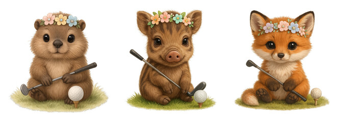 Cute Baby Animals Playing Golf – Woodland Critters with Clubs and Flower Crowns Graphic