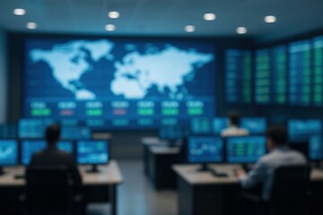 Blurred control room with men at workstations monitoring screens, security center operations for data analysis.