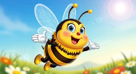 Cute bee cartoon waving hand