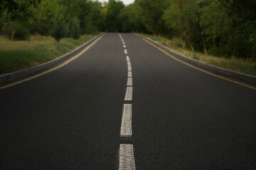 Highway rustic road through the summer  forest at evening dawn. Highway road between green trees. Empty blank asphalt way through the green trees. mockup, mock up, template mock-up.