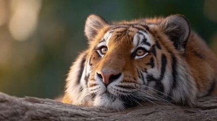 Tiger rests its head on a log looking alert. Majestic wildlife, predator, nature, strength, determination.