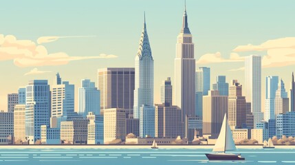 City skyline, calm water, pastel colors