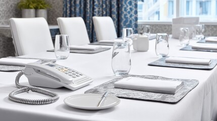 Conference call setup in hotel meeting space with speakerphone and note pads ready