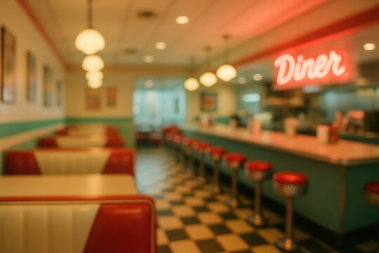 Blurred interior of a retro 1950s diner with red booths and chrome bar stools, vintage restaurant ambiance for background.