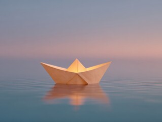 Paper boat floats on calm water at sunset. Serenity, childhood dream, hope concept.