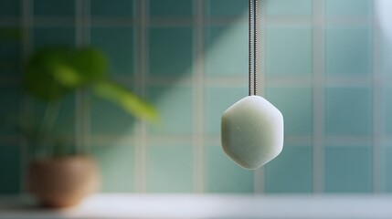 Air freshener hangs in bathroom with soft light and tile. Home decor, modern design, wellness, aromatherapy, fragrance.