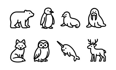 Obraz premium Minimalist arctic animal icons: polar bear, penguin, seal, walrus, fox, owl, narwhal, deer