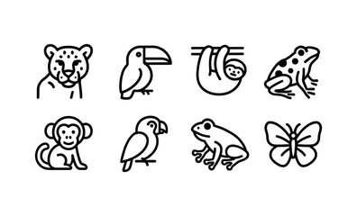 Rainforest animal icons collection: cheetah, toucan, sloth, frog, monkey, parrot, butterfly