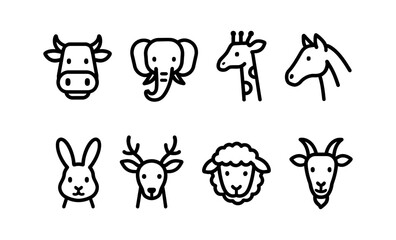 Obraz premium Simplified animal icons featuring cow, elephant, giraffe, horse, rabbit, deer, sheep, and goat