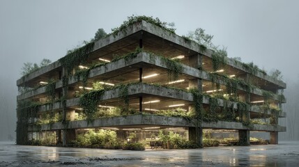 Fototapeta premium Futuristic parking garage covered with green plants in a misty landscape