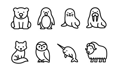 Cute arctic wildlife icons: polar bear, penguin, seal, walrus, fox, owl, narwhal, musk ox