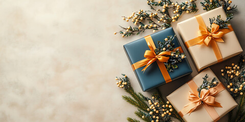 Festive gift boxes wrapped in blue and beige with orange ribbon and holiday greenery