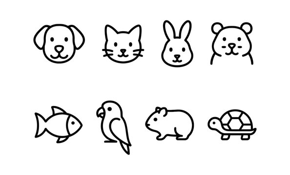 Adorable animal icon set featuring dog cat rabbit bear fish parrot hamster turtle in simple line art