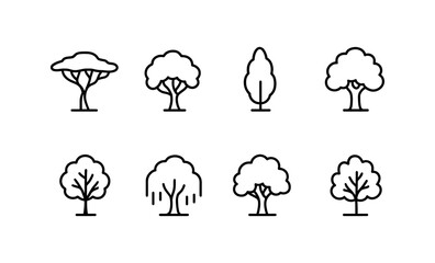 Minimalist line icons of popular steppe trees: acacia, elm, poplar, oak