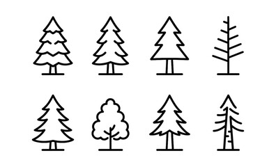 Collection of eight minimalist tree icons in black and white line art style