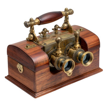 Antique Victorian stereoscope, 1880s mahogany viewer, isolated on a white background
