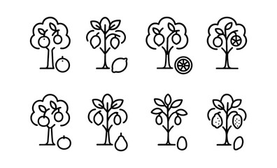 Outline icon set of fruit trees featuring citrus, apple, and pear