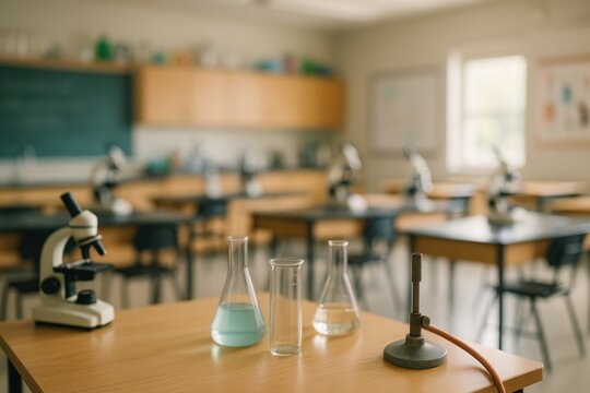Science classroom with lab equipment including flask, beaker, and microscope. Empty school laboratory ready for experiment. Blurred background.