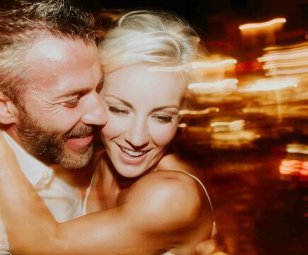 a smiling happy couple in love, dancing and hugging at a party in a bar	
