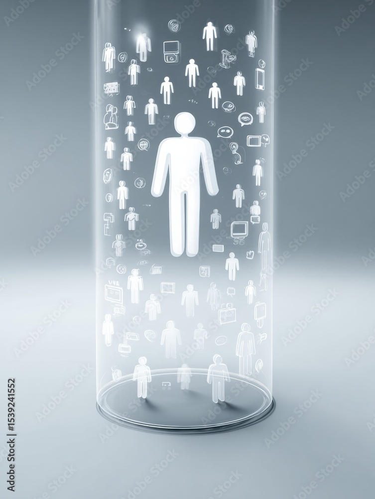 Poster nervous icons surround a transparent figure in a modern digital environment showcasing various socia
