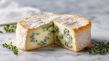 Wedge of blue cheese is cut from the wheel. Gourmet dairy product, specialty cheese, mold ripened, appetizer