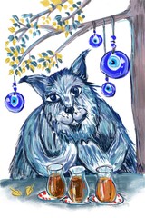 Hand-drawn naive art illustration of whimsical cat with Turkish tea and evil eye charms in colorful folk style