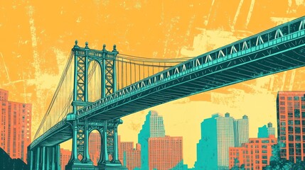 Cityscape with a bridge; vibrant colors