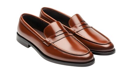 Classic brown leather penny loafers pair beautifully displayed on a white background with detailed craftsmanship