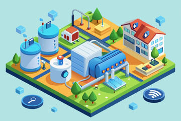 Fototapeta premium Vector isometric city illustration set with urban buildings, residential homes, cars, and trees on a street map design