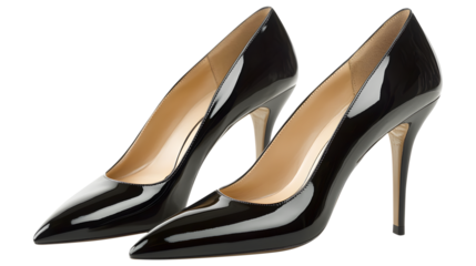 Elegant pair of black patent leather high heel pumps isolated on white background