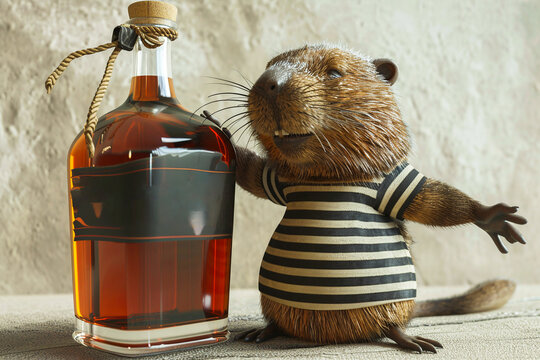 Funny cartoon rodent holding whiskey or rum bottle on a light background. Comic character mascot for alcohol advertising, bar, Legal Drinking Age Day