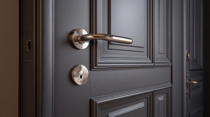 Close-up view of designer front door with smart lock and modern architectural elements