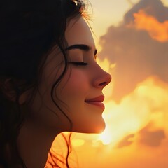 Portrait of a woman with eyes closed against a bright orange sunset sky with soft white clouds