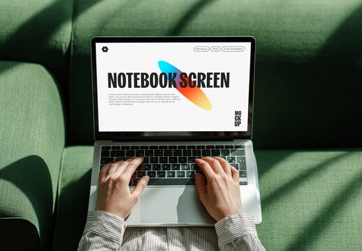 Laptop Screen Mockup on Green Sofa
