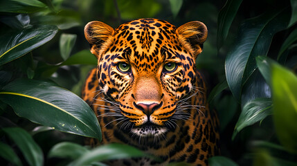 Majestic leopard portrait emerging from lush green foliage focused and intent