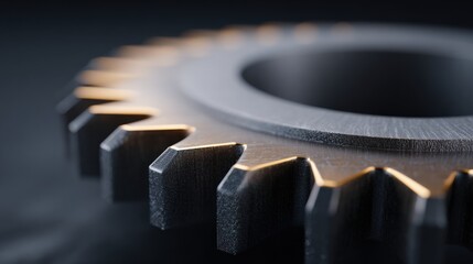 Gear is shown up close in dramatic lighting. Technical precision, engineering, machinery, industrial design, mechanical parts.