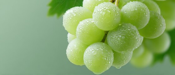 Fresh green grapes sit, covered in water droplets. Healthy snack, fruit, juicy, vitamins, freshness, diet