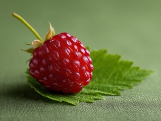 A single raspberry sits atop a green leaf. Fresh, juicy berry, healthy eating, summer snack, sweet treat, vibrant colors, close up shot.
