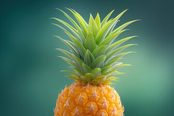 Pineapple fruit stands against green background, vibrant food presentation. Tropical produce, exotic fruit, health, fresh, organic food.