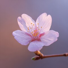 Cherry blossom in soft light with dew drops. Spring bloom, floral beauty, natural elegance, seasonal