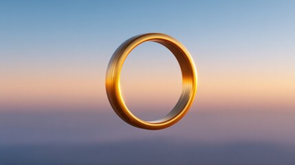 Gold ring floats serenely in soft sunset light. Jewelry, precious metal, elegance, minimalism, abstract, romantic symbol.