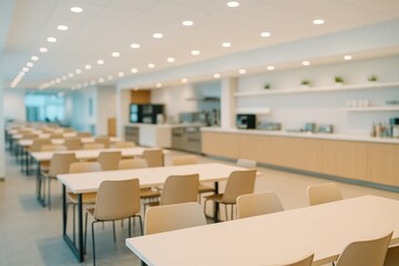 Empty kitchen dining area with multiple tables and chairs. Modern office interior blurred background. Clean cafeteria for coworker lunch breaks.