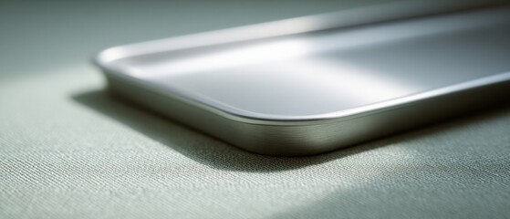 Empty metal tray sits on textured surface. Metallic container on textile, minimalist design, storage solutions